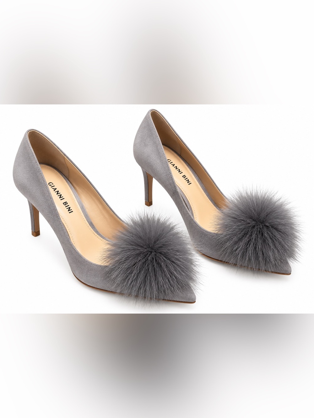 Gray Pom-Pom Heels fox fur genuine suede pointy toe high heels New 6.5